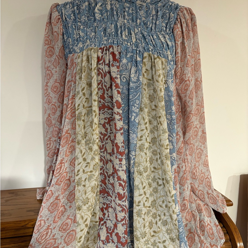 Free People Patchwork Sheer Oversized Tunic Blouse Floral Long Sleeve Size XS